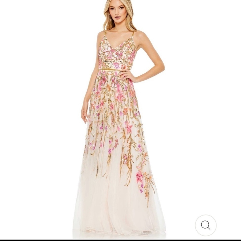 Mac Duggal V NECK FLORAL EMBELLISHED SPAGHETTI STRAP GOWN Dress